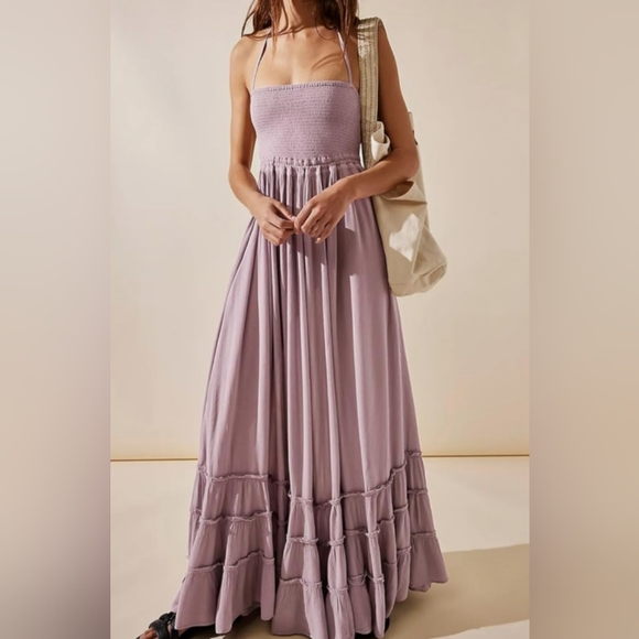 Lavender Lilac Long Gauze Boho Maxi Dress Tiered Flowy Bohemian Beach Vacation - Picture 6 of 15